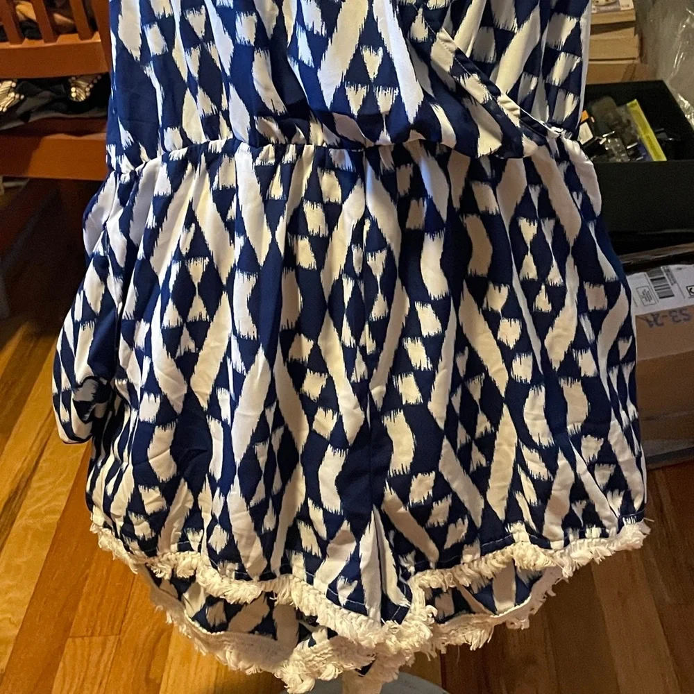 Blue and White Romper Geometric western boho beaded stretchy V-neck wrap beach